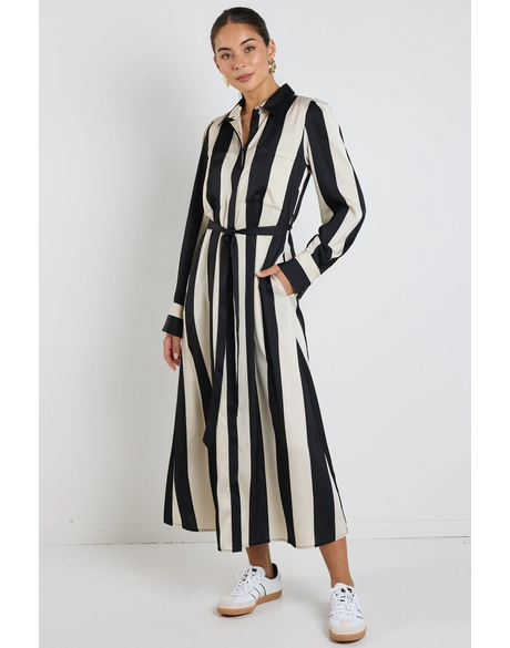 Cyprus Black Sand Stripe Satin LS Shirt Midi Dress