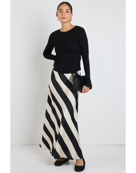 Fiery Black Sand Stripe Satin Bias Maxi Skirt