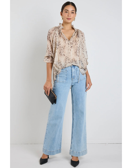 Odyssey Beige Leopard Georgette Shirred Neck LS Top