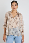 Odyssey Beige Leopard Georgette Shirred Neck LS Top