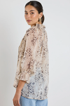 Odyssey Beige Leopard Georgette Shirred Neck LS Top