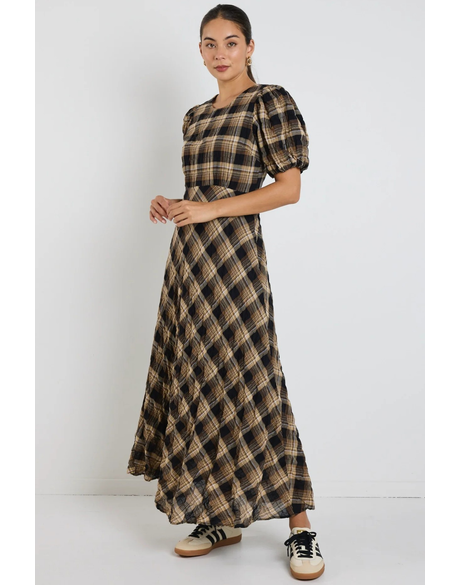 Encore Caramel Check SS Bias Maxi Dress