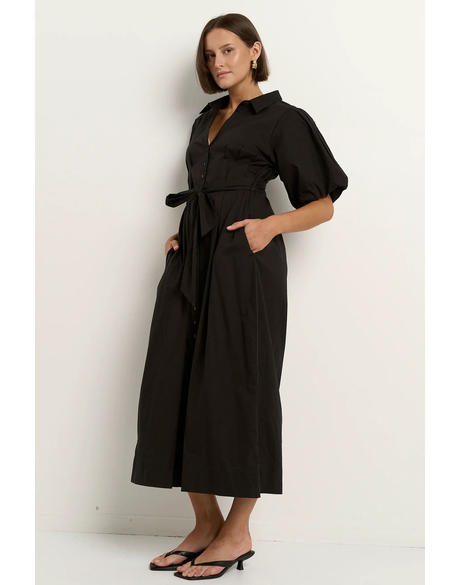 Dusk Black Puff Short Sleeve Collared Maxi Dress