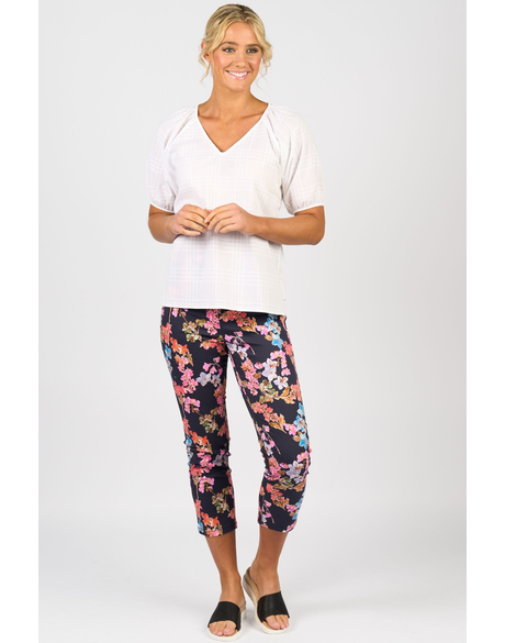 Plain V Neck Top with Floaty Sleeve (White Check)