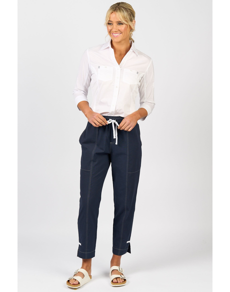 Relaxed Leg Ankle Grazer Pant with Contrast Trim and Stitching 