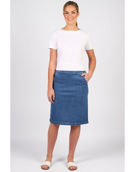 Flat Front Pull On Denim Skirt