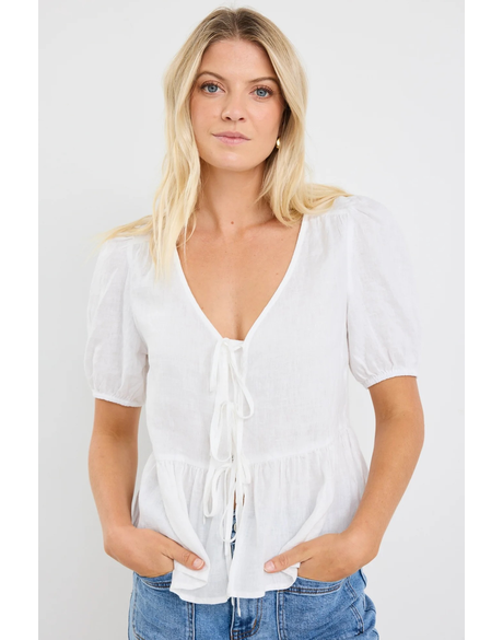 Restore Ivory Linen Tie Front Peplum SS Top
