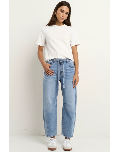 Campus Light Blue Tie Waist Barrel Jeans