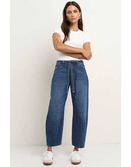 Campus Deep Blue Tie Waist Barrel Jeans