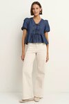 Restore Storm Blue Chambray Tie Front Peplum SS Top