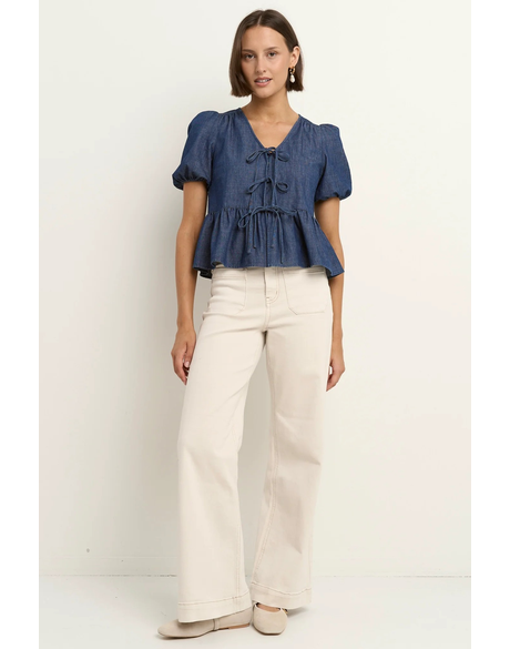 Restore Storm Blue Chambray Tie Front Peplum SS Top