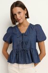 Restore Storm Blue Chambray Tie Front Peplum SS Top