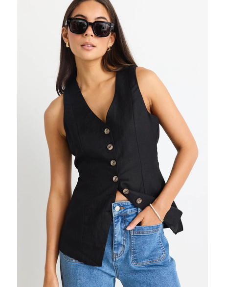 Eiffel Black Linen Viscose Fitted Longline Vest