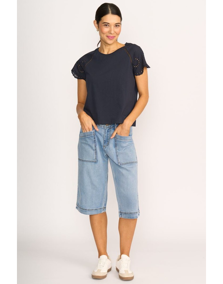 T-Shirt - Broderie Sleeve (Navy)