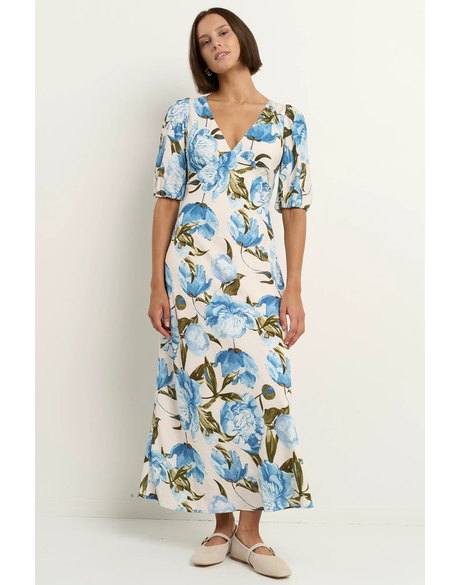 Amora Blue Vintage Floral SS Bias Midi Dress