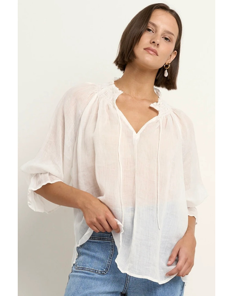 Expedition Ivory Ramie Shirred Neck Short Sleeve Top