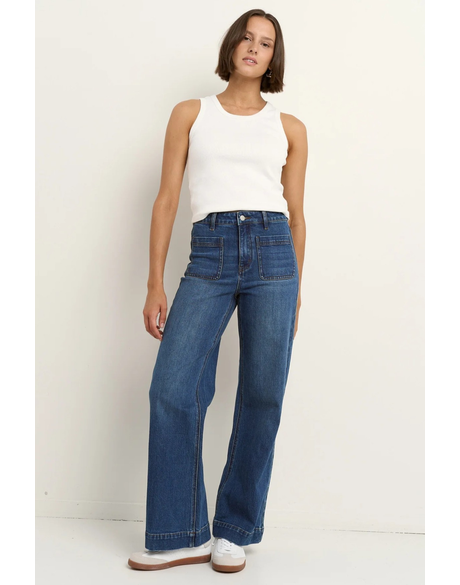Zoey Marine Blue High Rise Wide Leg Pocket Jean