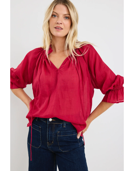 Expedition Raspberry Shirred Neck Short Sleeve Top