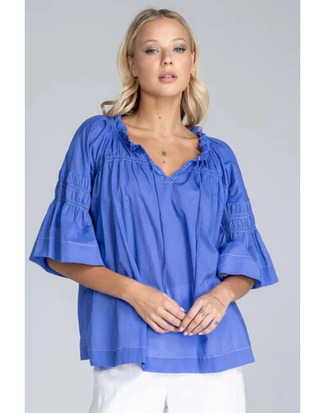 Thea Top (Juniper Blue with White Top Stitching)