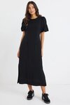 Elder Black Short Puff Sleeve Tie Midi Dress