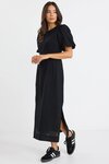 Elder Black Short Puff Sleeve Tie Midi Dress