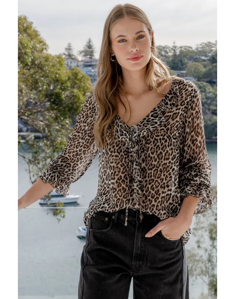 Bohemian Leopard Georgette LS Frill Front Top