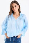 Expedition Ice Blue Ramie Shirred Neck Short Sleeve Top