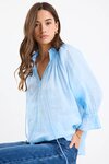 Expedition Ice Blue Ramie Shirred Neck Short Sleeve Top
