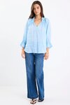 Expedition Ice Blue Ramie Shirred Neck Short Sleeve Top