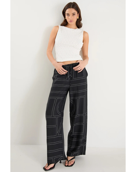 Clever Black Ivory Lines Drawcord Wide Leg Pants