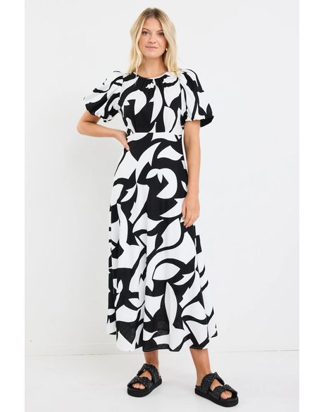 Stage Black Ivory Cut Out Print Puff Sleeve Floaty Maxi Dress