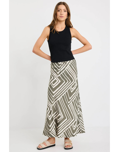 Departure Khaki Maze Print Tie Waist Bias Maxi Skirt