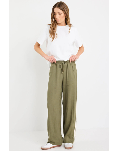 Vibe Khaki Linen Blend Jacquard Stripe Wide Leg Pants