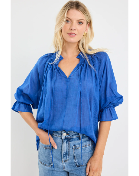 Expedition Blue Shirred Neck Short Sleeve Top