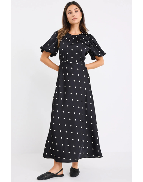 Stage Black Polka Dot Puff Sleeve Floaty Maxi Dress