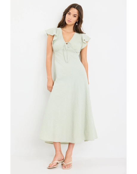 Ovation Sage Gingham Flutter SS Keyhole Tie Midi Dress