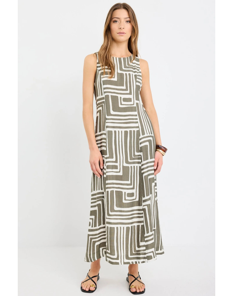 Future Khaki Maze Print Sleeveless Midi Dress