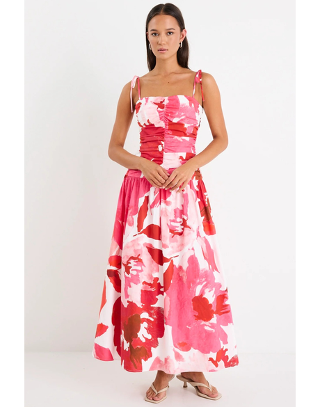 Royalty White Poppy Floral Stretch Cotton Pleated Maxi Dress