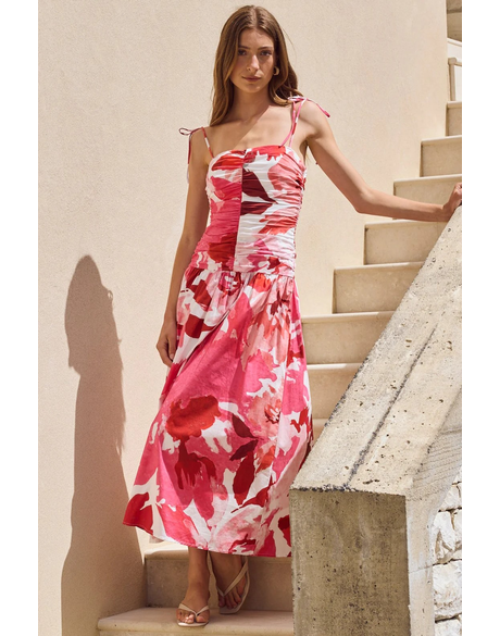 Royalty White Poppy Floral Stretch Cotton Pleated Maxi Dress