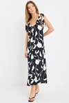 Spontaneous Black and White Floral Tie Shoulder Relaxed Midi Dress