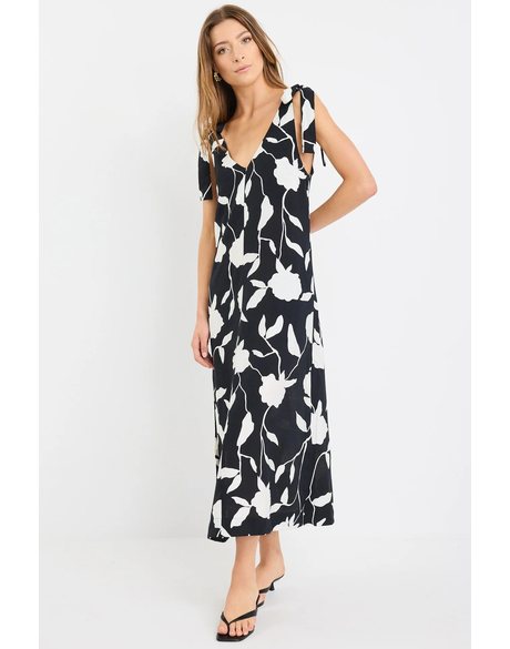 Spontaneous Black and White Floral Tie Shoulder Relaxed Midi Dress