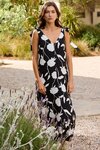Spontaneous Black and White Floral Tie Shoulder Relaxed Midi Dress