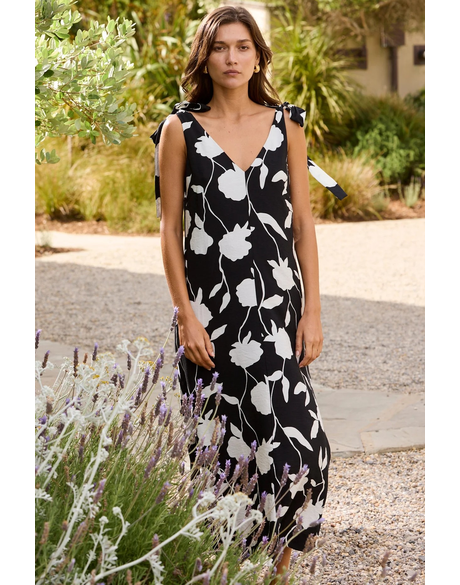 Spontaneous Black and White Floral Tie Shoulder Relaxed Midi Dress