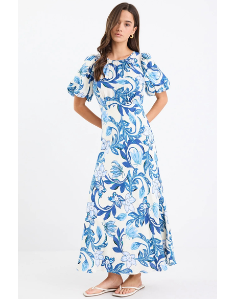 Stage Blue Floral Puff Sleeve Floaty Maxi Dress