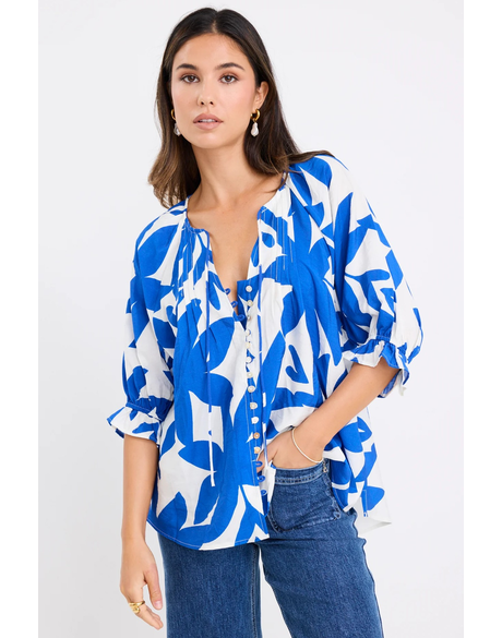 Antic Bright Blue Abstract Button Front SS Top