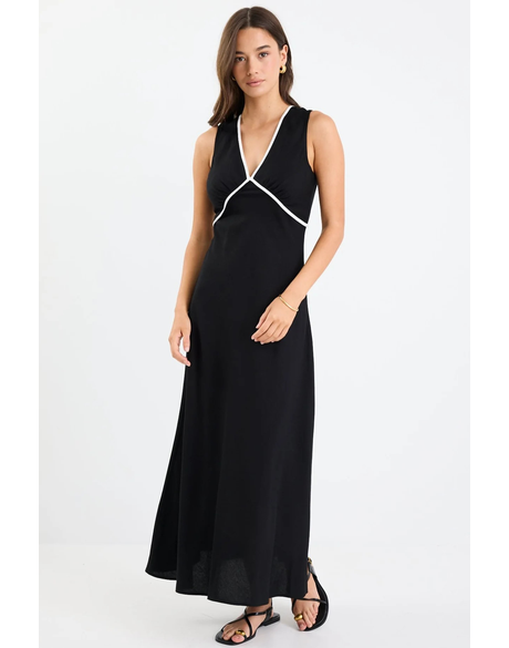 Aston Black Linen Blend Contrast Bias Flared Maxi Dress