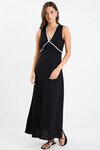 Aston Black Linen Blend Contrast Bias Flared Maxi Dress
