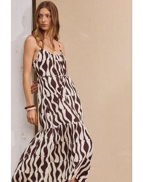 Relax Chocolate Geo Strappy Tiered Midi Dress 