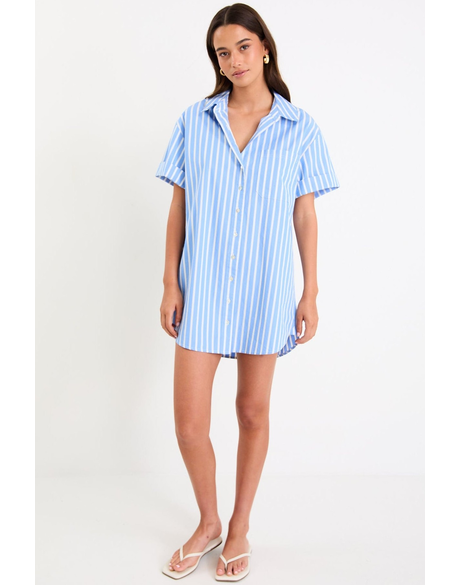 Mykonos Blue Stripe Short Sleeves Mini Shirt Dress