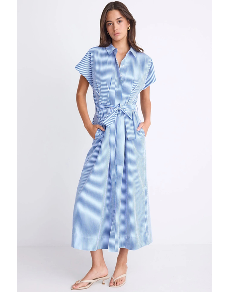 Camden Bright Blue Stripe Short Sleeve Pleated Midi Shirt Dress
